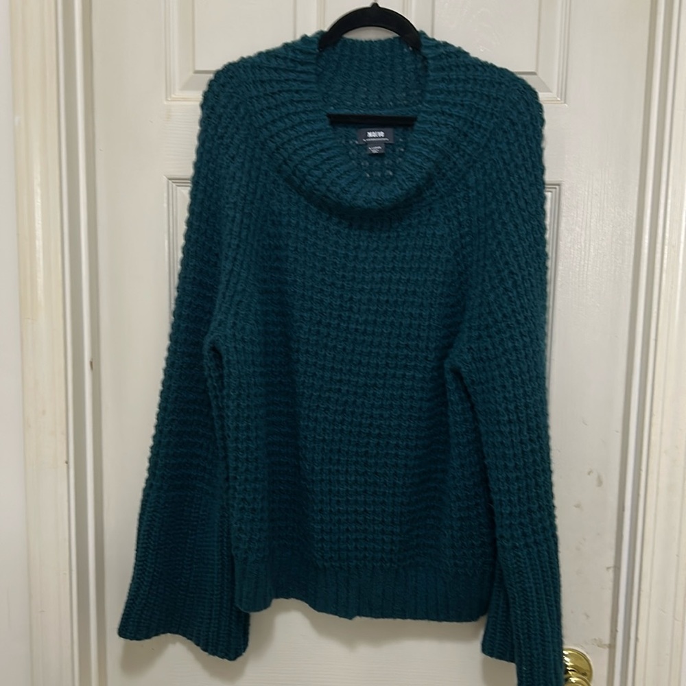 Maeve Anthropologie Winterscape Blue Green Cowl Neck Peplum Sweater Top Size XL